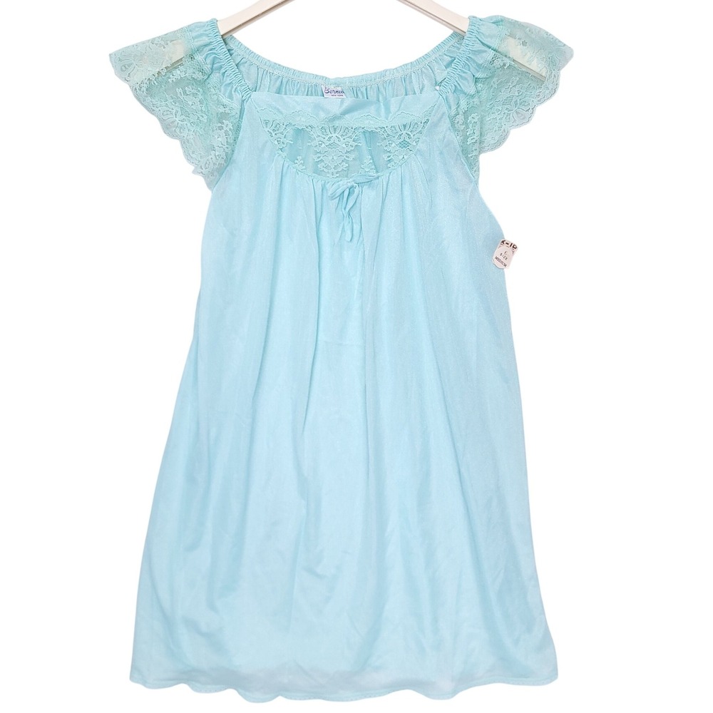 Vintage Bernette New York Aqua Blue Lace Trim Nylon Nightgown Medium USA Made